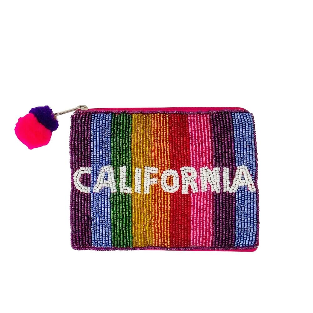 Shirdee Rainbow Multicolor Beaded California Coin Change Purse Pouch Pom Pom Zip